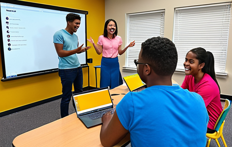 **A vibrant and engaging online class:** Depict a diverse group of students interacting enthusiastically during an online lesson. Include elements like interactive whiteboards with collaborative problem-solving, polls popping up on screens, and the teacher actively moderating a lively discussion in virtual breakout rooms. The scene should convey a sense of community, collaboration, and personalized learning experiences.